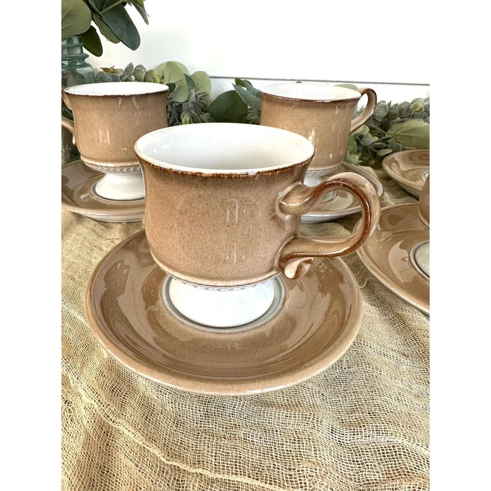 Seven 1980's Seville Denby Langley cup saucer tan cream‎ England Stoneware VTG